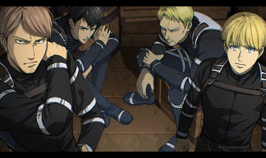reiner braun, armin arlert, bertolt hoover, and jean kirstein (shingeki no kyojin) drawn by 35ohama_yu