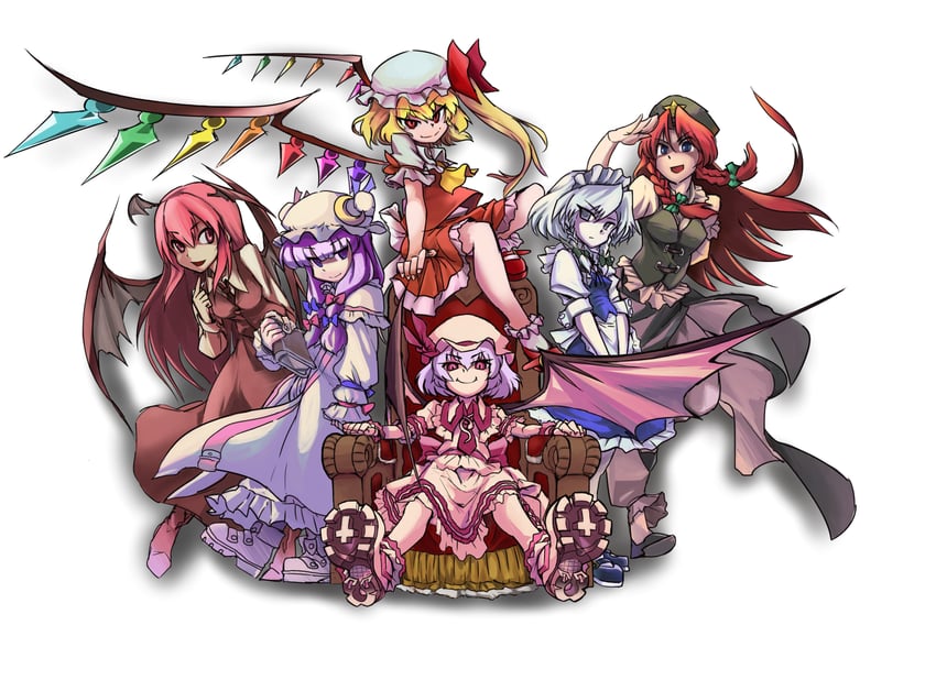 remilia scarlet, flandre scarlet, izayoi sakuya, patchouli knowledge, hong meiling, and 1 more (touhou and 1 more) drawn by rightorisamraido3