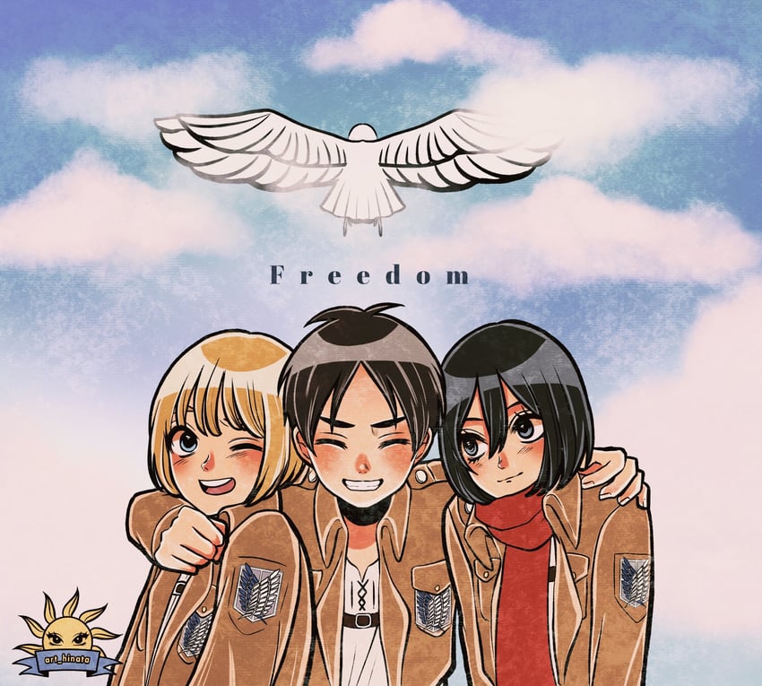 mikasa ackerman, eren yeager, and armin arlert (shingeki no kyojin) drawn by hinatart_ag