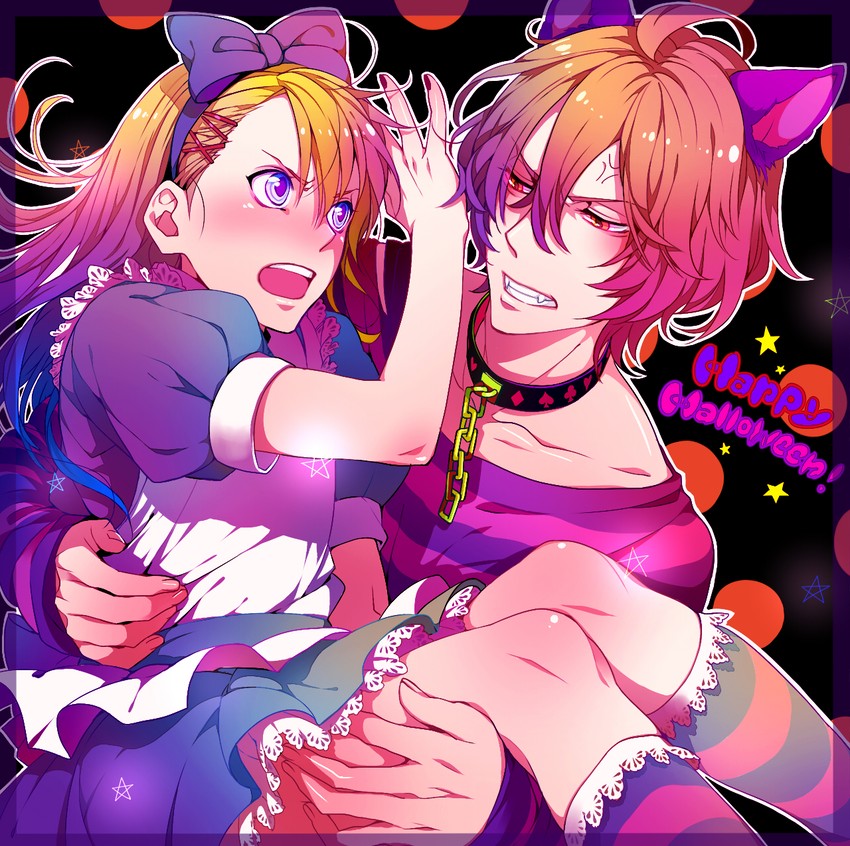 alice, cheshire cat, kurusu shou, and shinomiya satsuki (alice's adventures in wonderland and 1 more) drawn by kazari_tayu