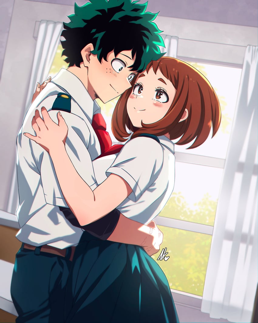 midoriya izuku and uraraka ochaco (boku no hero academia) drawn by 129akopricot