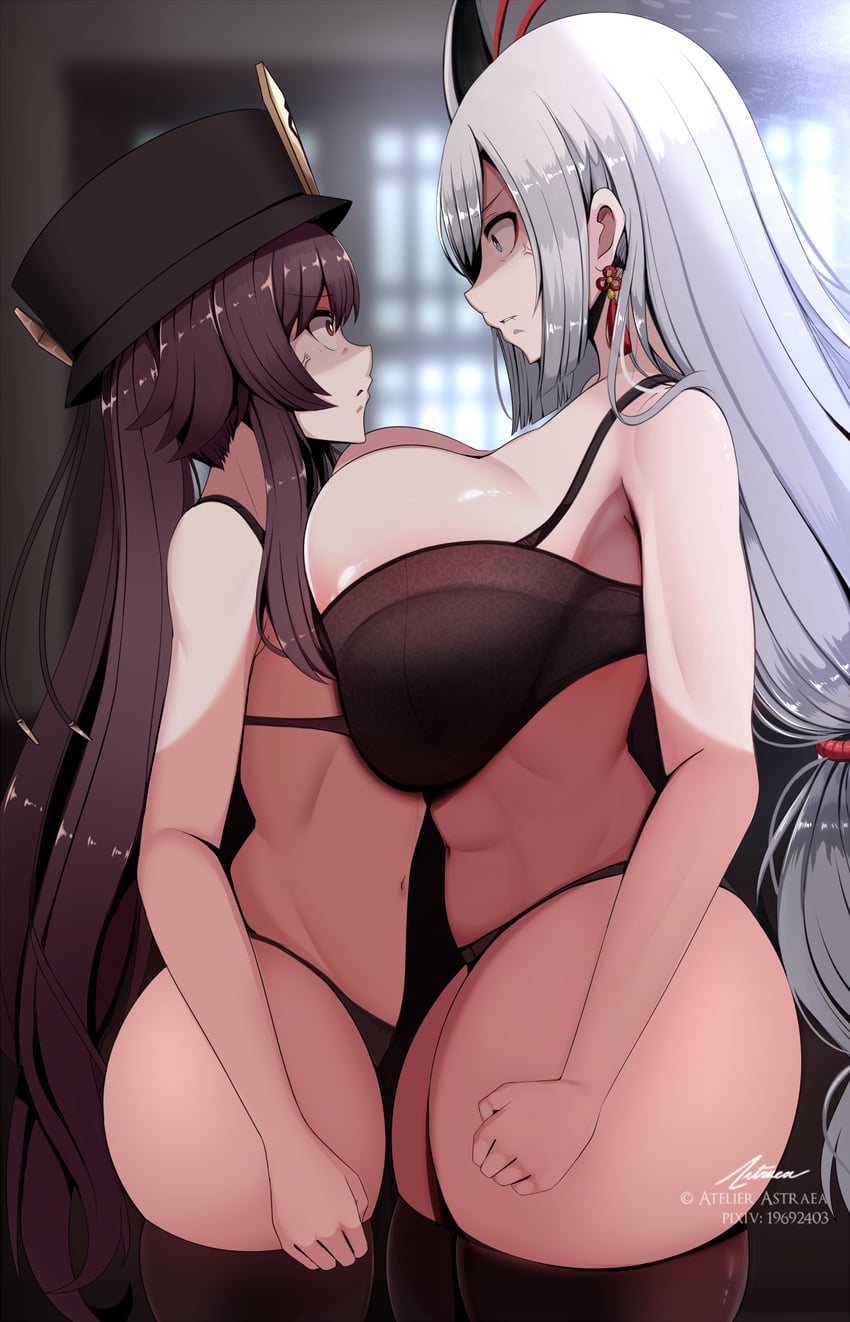 hu tao and shenhe (genshin impact) drawn by astraea_(atelierastraea)