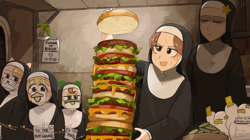 clumsy nun, froggy nun, spicy nun, hungry nun, and star nun (little nuns) drawn by diva_(hyxpk)