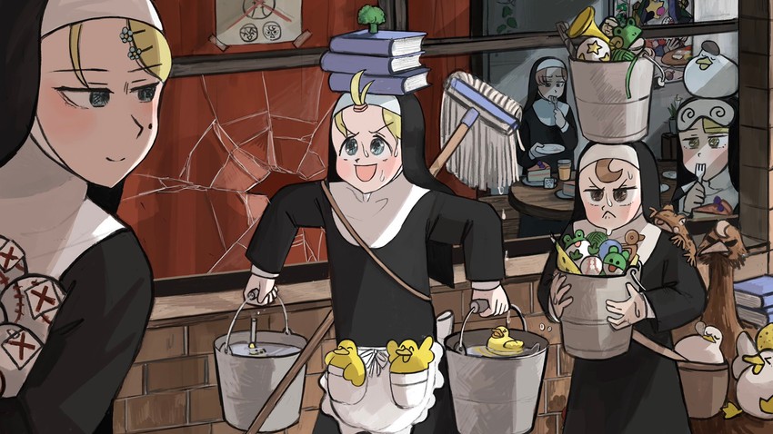 clumsy nun, froggy nun, spicy nun, strict nun, and hungry nun (little nuns) drawn by diva_(hyxpk)