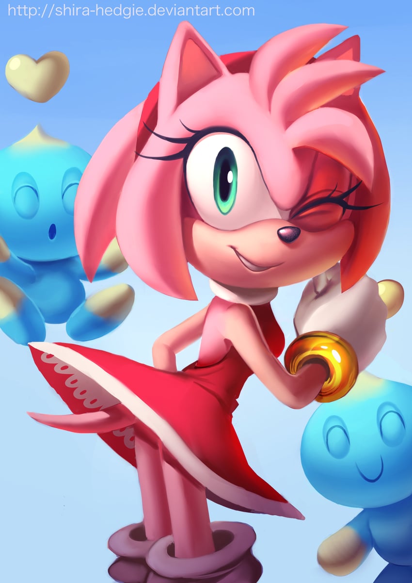 amy rose and neutral chao (sonic) drawn by shira-hedgie