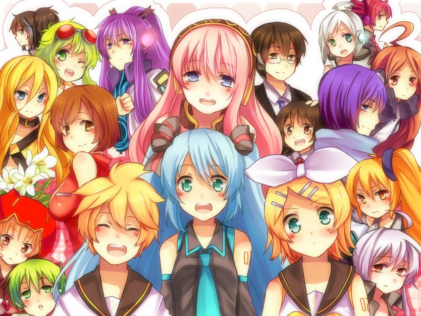 hatsune miku, kagamine rin, kagamine len, megurine luka, kasane teto, and 14 more (vocaloid and 1 more) drawn by matryoshka_(borscht)