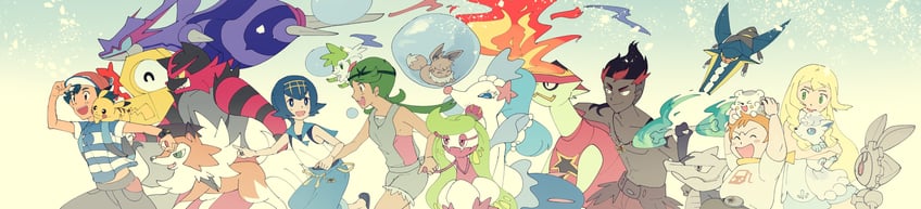 pikachu, lillie, ash ketchum, eevee, rotom, and 17 more (pokemon and 1 more) drawn by nin_no41