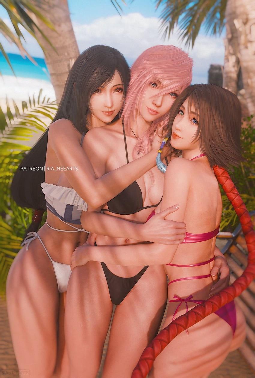 tifa lockhart, yuna, and lightning farron (final fantasy and 6 more) drawn by ria_(baka-neearts)