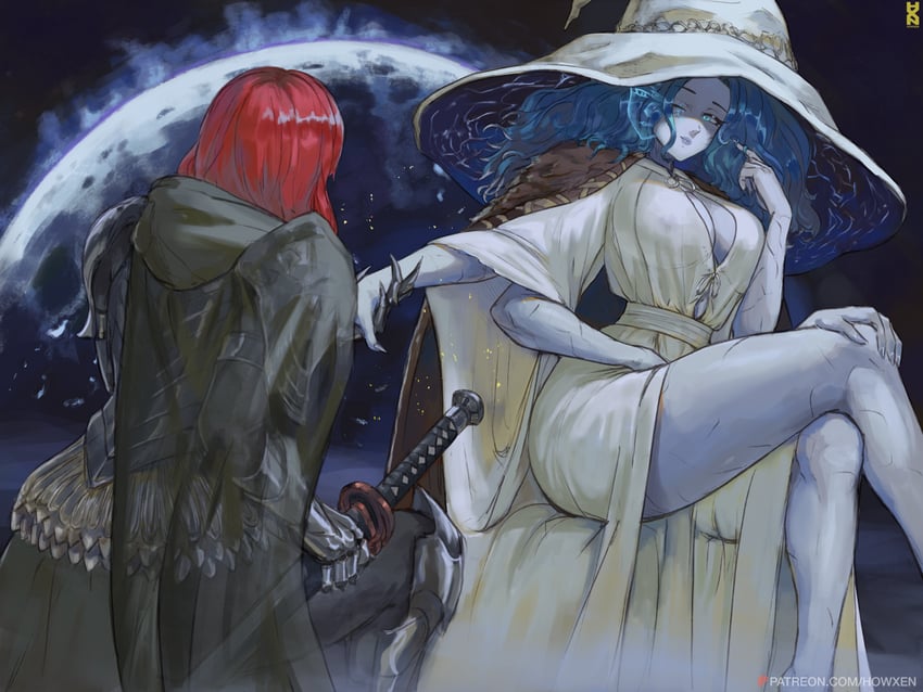 ranni the witch and tarnished (elden ring) drawn by howxen