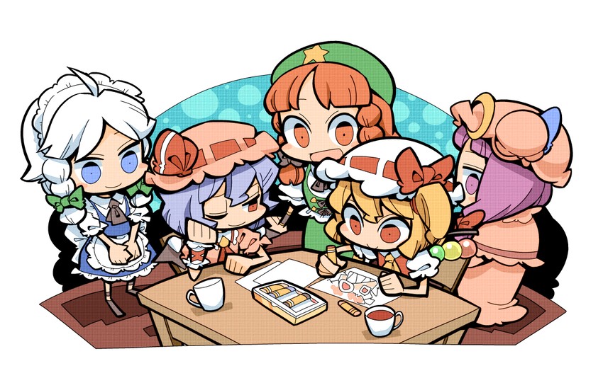 remilia scarlet, flandre scarlet, izayoi sakuya, patchouli knowledge, and hong meiling (touhou) drawn by hounori
