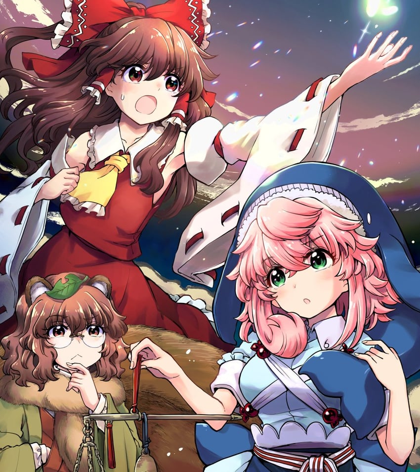 hakurei reimu, futatsuiwa mamizou, and okunoda miyoi (touhou and 2 more) drawn by mizumoto_tadashi