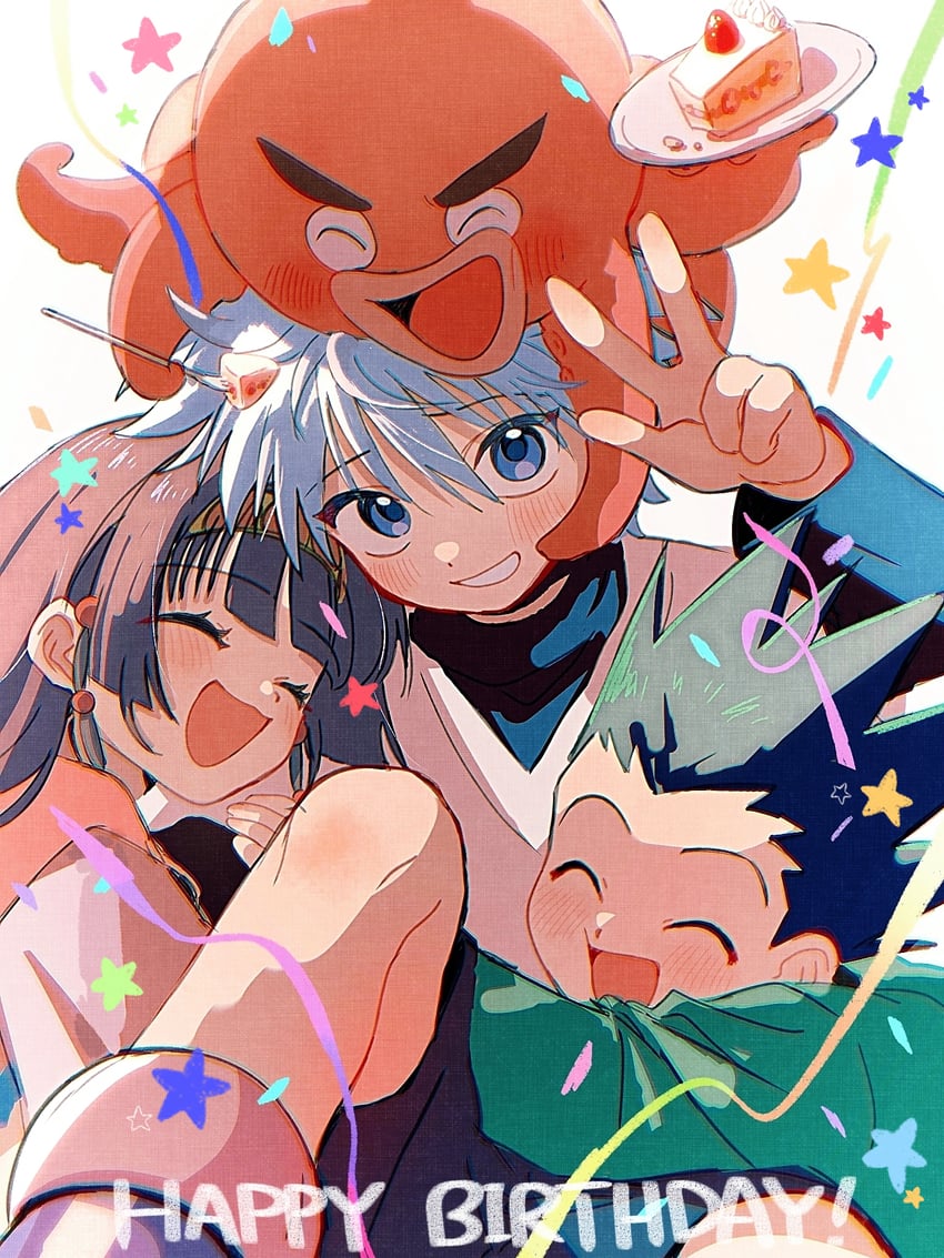 killua zoldyck, gon freecss, alluka zoldyck, and ikalgo (hunter x hunter) drawn by thicopoyo