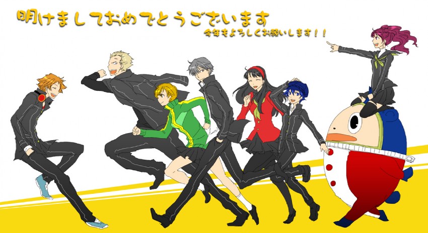 narukami yu, shirogane naoto, satonaka chie, kujikawa rise, amagi yukiko, and 3 more (persona and 1 more) drawn by kotobuki_toro