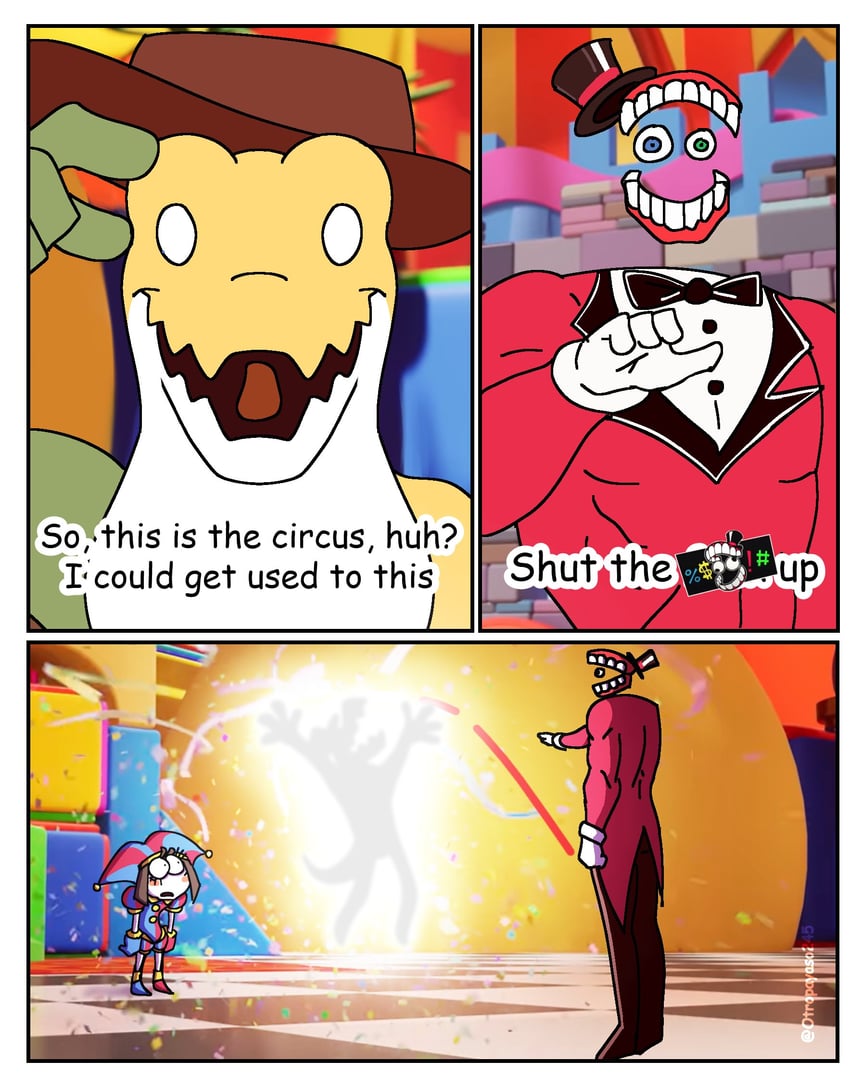 pomni, caine, and gummigoo (the amazing digital circus and 1 more) drawn by comedias