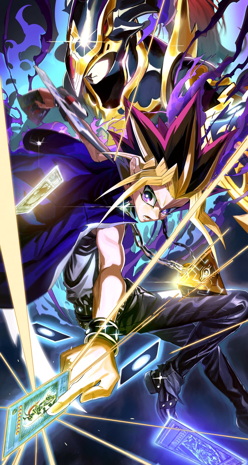 yami yugi, kuriboh, black luster soldier, and gaia the fierce knight (yu-gi-oh! and 1 more) drawn by ossan_zabi_190