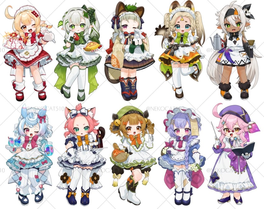 nahida, klee, qiqi, diona, sigewinne, and 5 more (genshin impact) drawn by gotoh_(nekocat)