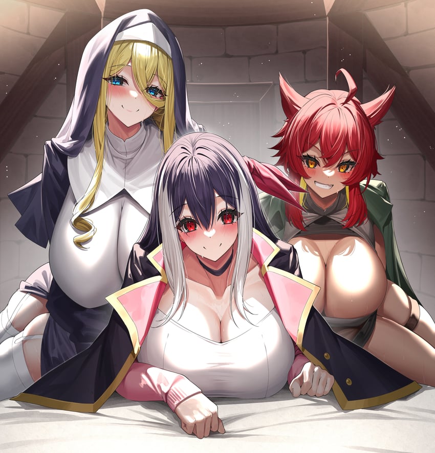 rena, nina, and fana (bakunyuu tachi ni tsuihou saretaga modore to iwaretemo mou oso modorimashuuu!) drawn by yamanokami_eaka