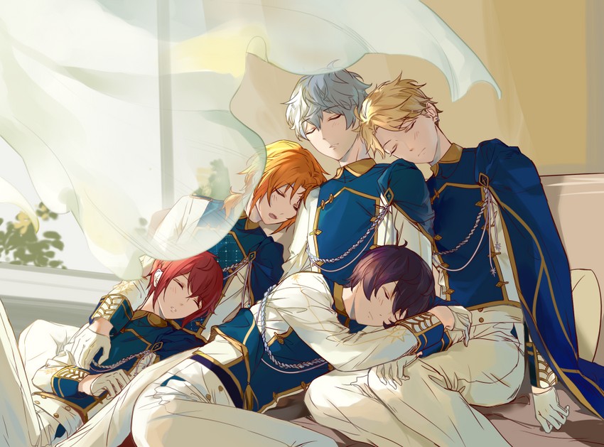 sakuma ritsu, tsukinaga leo, sena izumi, suou tsukasa, and narukami arashi (ensemble stars!) drawn by michiyana