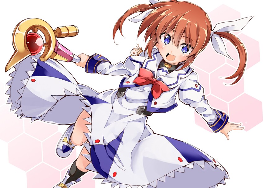 takamachi nanoha, raising heart, and yuuno scrya (lyrical nanoha and 1 more) drawn by bibi02