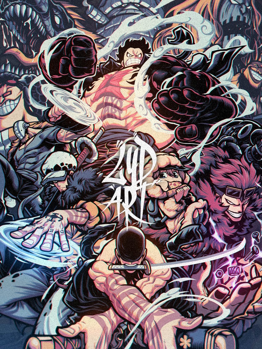 monkey d. luffy, roronoa zoro, trafalgar law, eustass kid, jewelry bonney, and 6 more (one piece) drawn by lydart_mclo