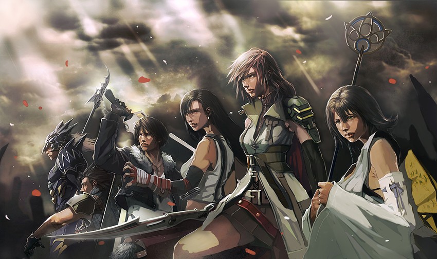tifa lockhart, zack fair, squall leonhart, yuna, lightning farron, and 1 more (final fantasy and 7 more) drawn by longai