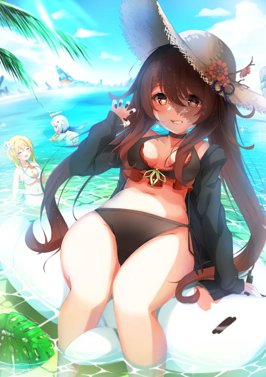 lumine, hu tao, paimon, and boo tao (genshin impact) drawn by kaorun_(momiji_hourensou)