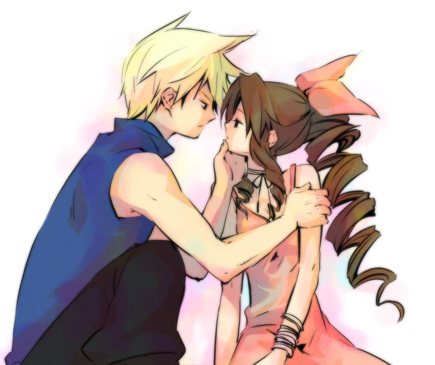 cloud strife and aerith gainsborough (final fantasy and 1 more) drawn by hidaka_ryou