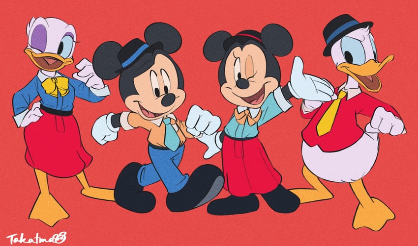 mickey mouse, minnie mouse, donald duck, and daisy duck (mickey mouse & friends) drawn by gamorangetana