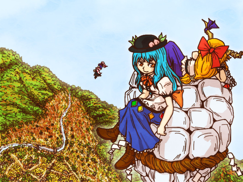 hinanawi tenshi, ibuki suika, and nagae iku (touhou) drawn by mor11