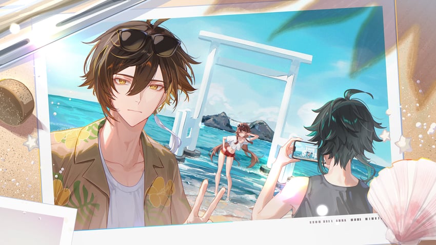 hu tao, zhongli, and xiao (genshin impact) drawn by hitohachan