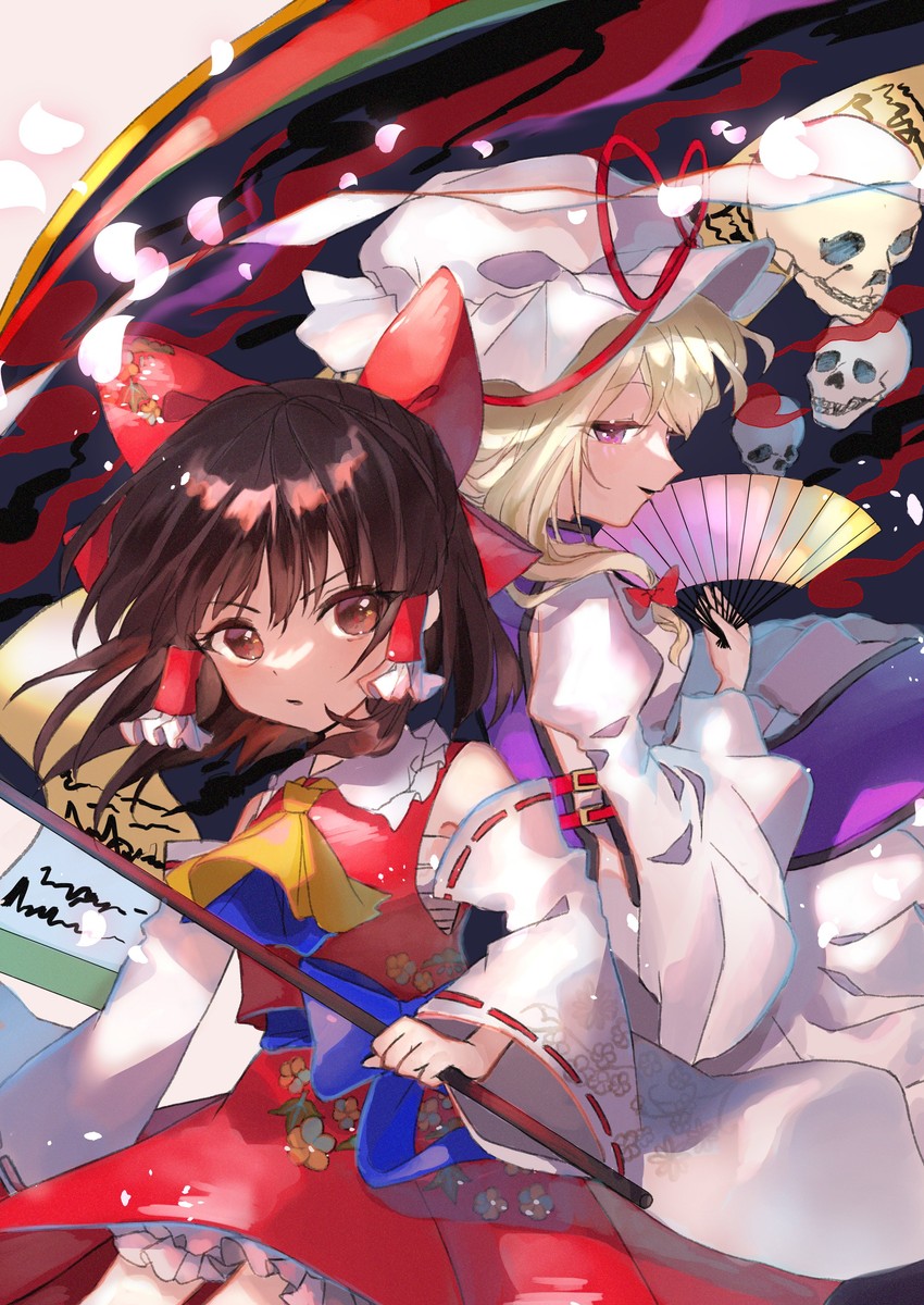 hakurei reimu and yakumo yukari (touhou) drawn by omodaka_romu