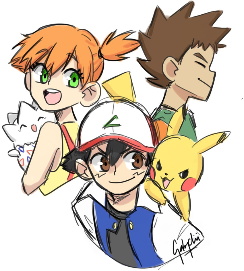 pikachu, ash ketchum, misty, togepi, and brock (pokemon) drawn by gabychii