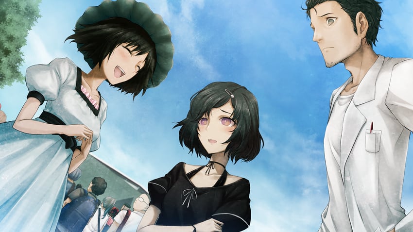 okabe rintarou, shiina mayuri, and urushibara ruka (steins;gate) drawn by huke