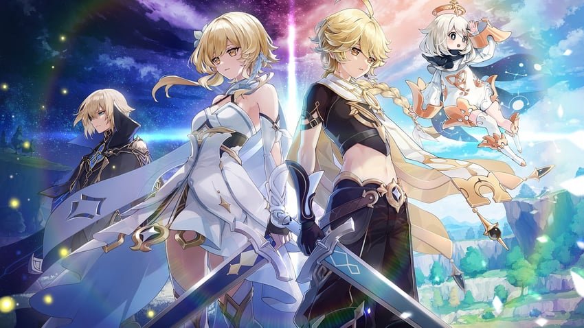 lumine, aether, paimon, and dainsleif (genshin impact) drawn by itsumono_katze