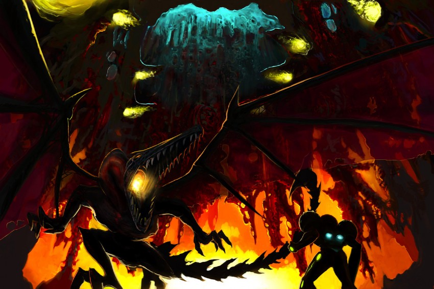 samus aran and ridley (metroid and 1 more) drawn by ivan_flores