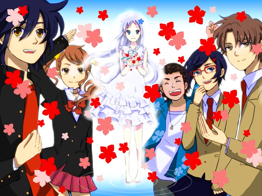 honma meiko, anjou naruko, tsurumi chiriko, yadomi jinta, matsuyuki atsumu, and 1 more (ano hi mita hana no namae wo bokutachi wa mada shiranai.) drawn by oshima_(kjr-2e)