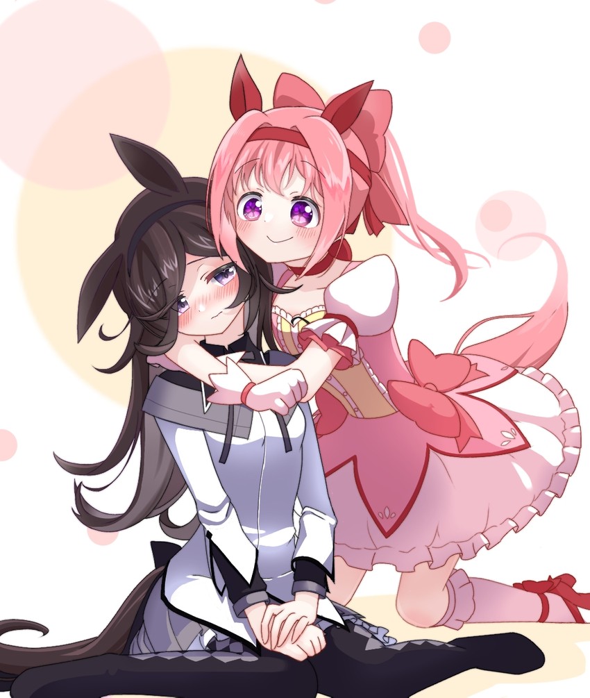 akemi homura, kaname madoka, rice shower, and haru urara (umamusume and 1 more) drawn by kuroda_keeshi