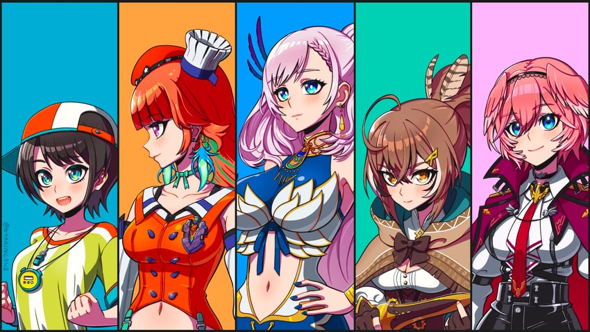 nanashi mumei, takanashi kiara, oozora subaru, takane lui, and pavolia reine (hololive and 2 more) drawn by nyaring943