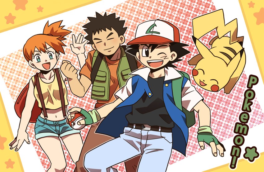 pikachu, ash ketchum, misty, and brock (pokemon) drawn by aru_(dkf8606)
