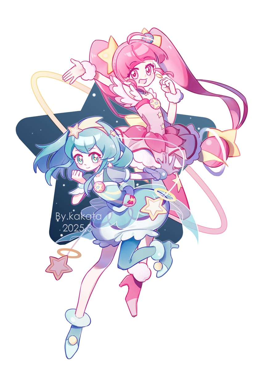 hagoromo lala, hoshina hikaru, cure milky, and cure star (precure and 1 more) drawn by kakata