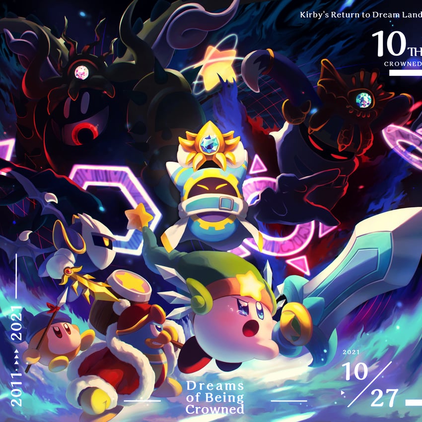 kirby, meta knight, king dedede, magolor, bandana waddle dee, and 3 more (kirby and 1 more) drawn by amedama_(akaki_4207)