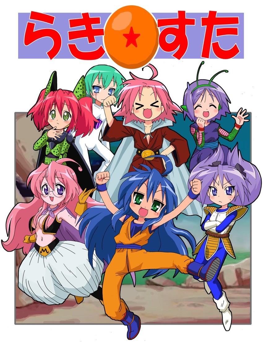 hiiragi kagami, son goku, izumi konata, hiiragi tsukasa, vegeta, and 10 more (dragon ball and 2 more) drawn by fukushima_masaru
