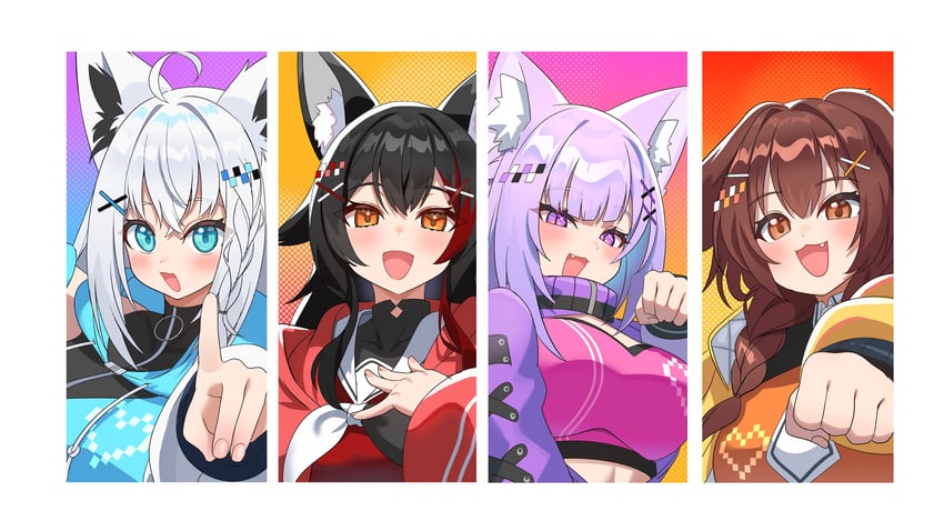 shirakami fubuki, nekomata okayu, ookami mio, and inugami korone (hololive) drawn by kumarang