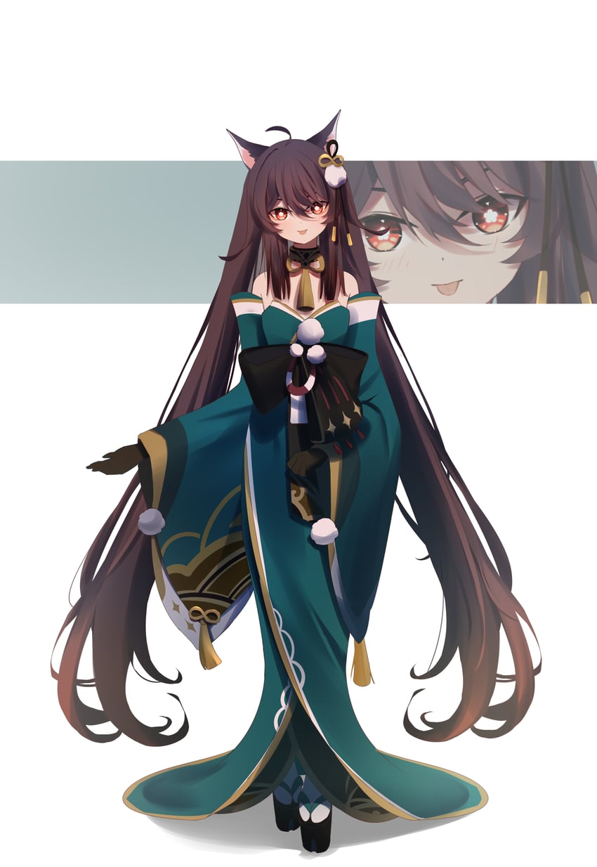 hu tao, gorou, and hina (genshin impact) drawn by qixia