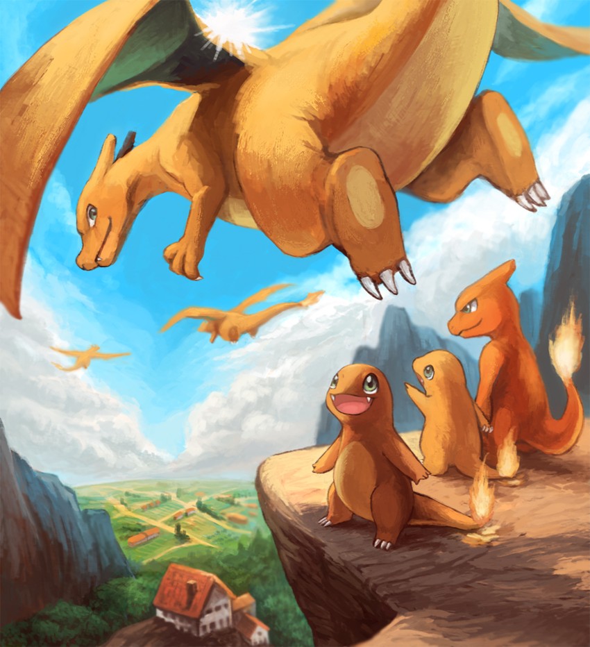charizard, charmander, and charmeleon (pokemon) drawn by inumura_(inu_noya)