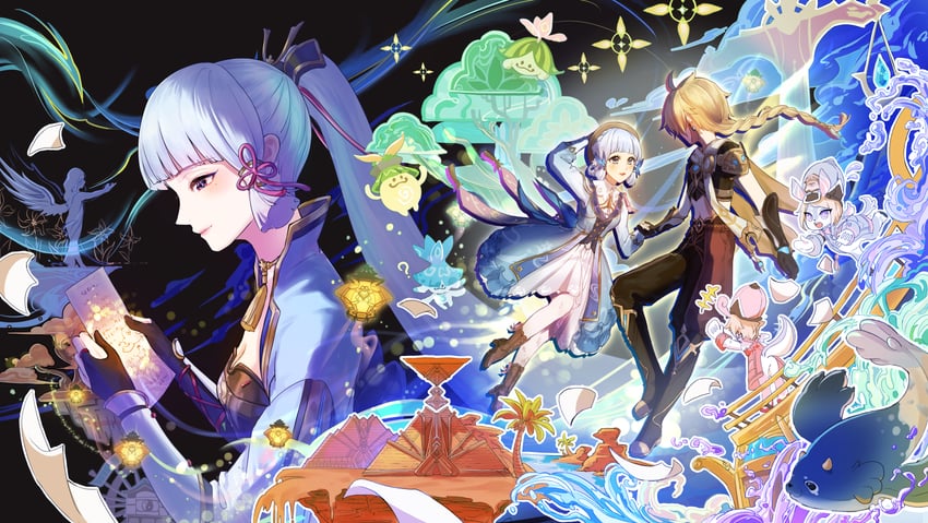 aether, kamisato ayaka, aranara, and blubberbeast (genshin impact) drawn by yuutarou_(hotter_0105_tarou)