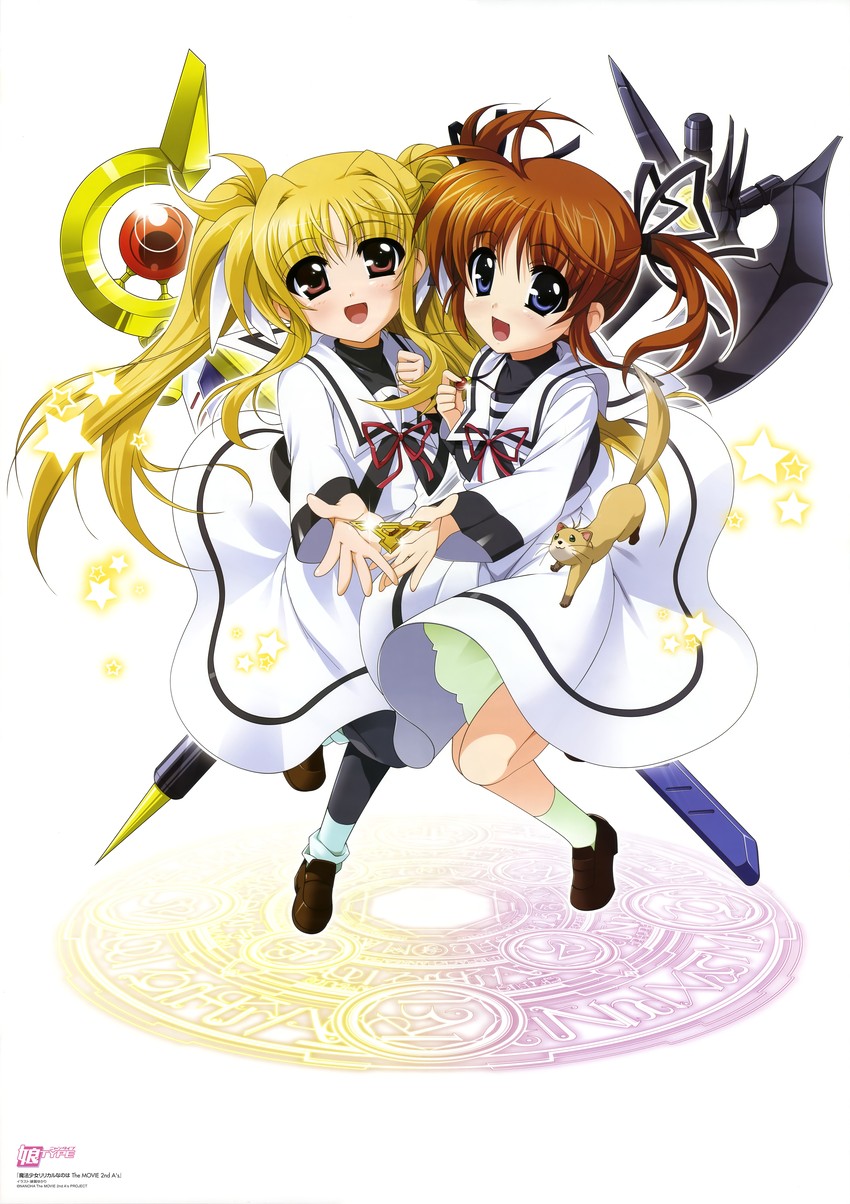 fate testarossa, takamachi nanoha, raising heart, yuuno scrya, and bardiche (lyrical nanoha and 3 more) drawn by higa_yukari