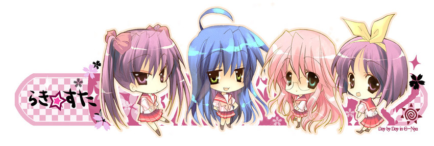 hiiragi kagami, izumi konata, hiiragi tsukasa, and takara miyuki (lucky star) drawn by e-nya