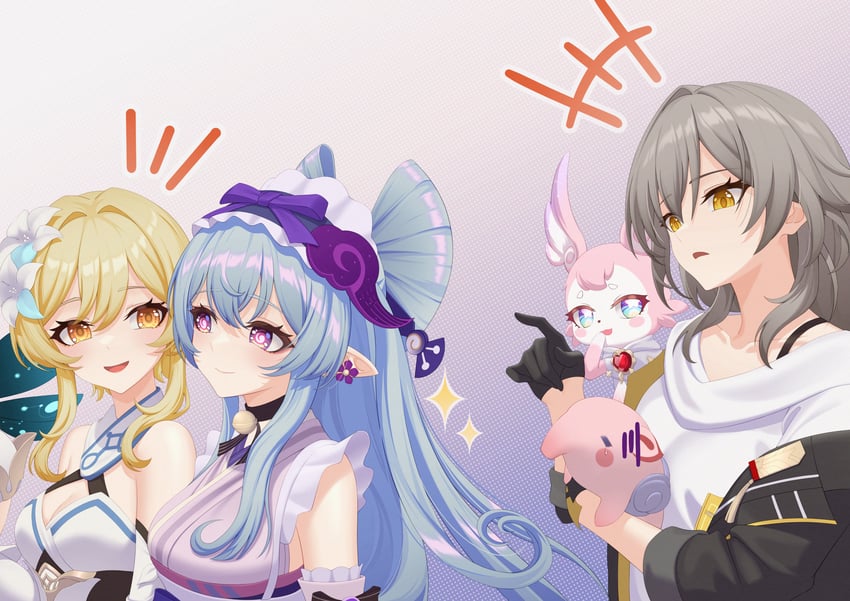 lumine, trailblazer, stelle, paimon, yumemizuki mizuki, and 2 more (genshin impact and 3 more) drawn by sasaki3rd