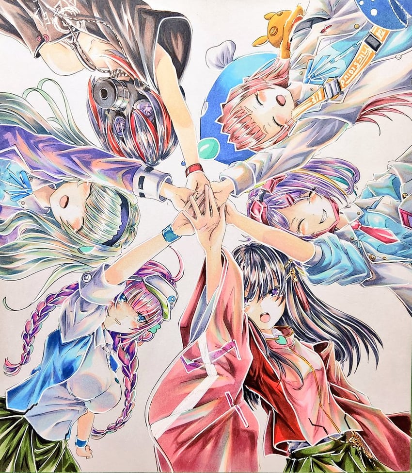 nikaidou misato, date akari, mikoto fubuki, ishii iroha, murohushi risa, and 1 more (heaven burns red) drawn by midoriyamamuras